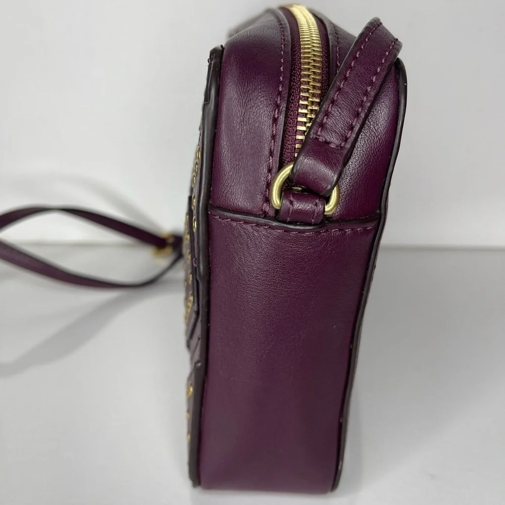 Michael Kors Studded Leather Crossbody Bag Plum Burgundy Gold Tone